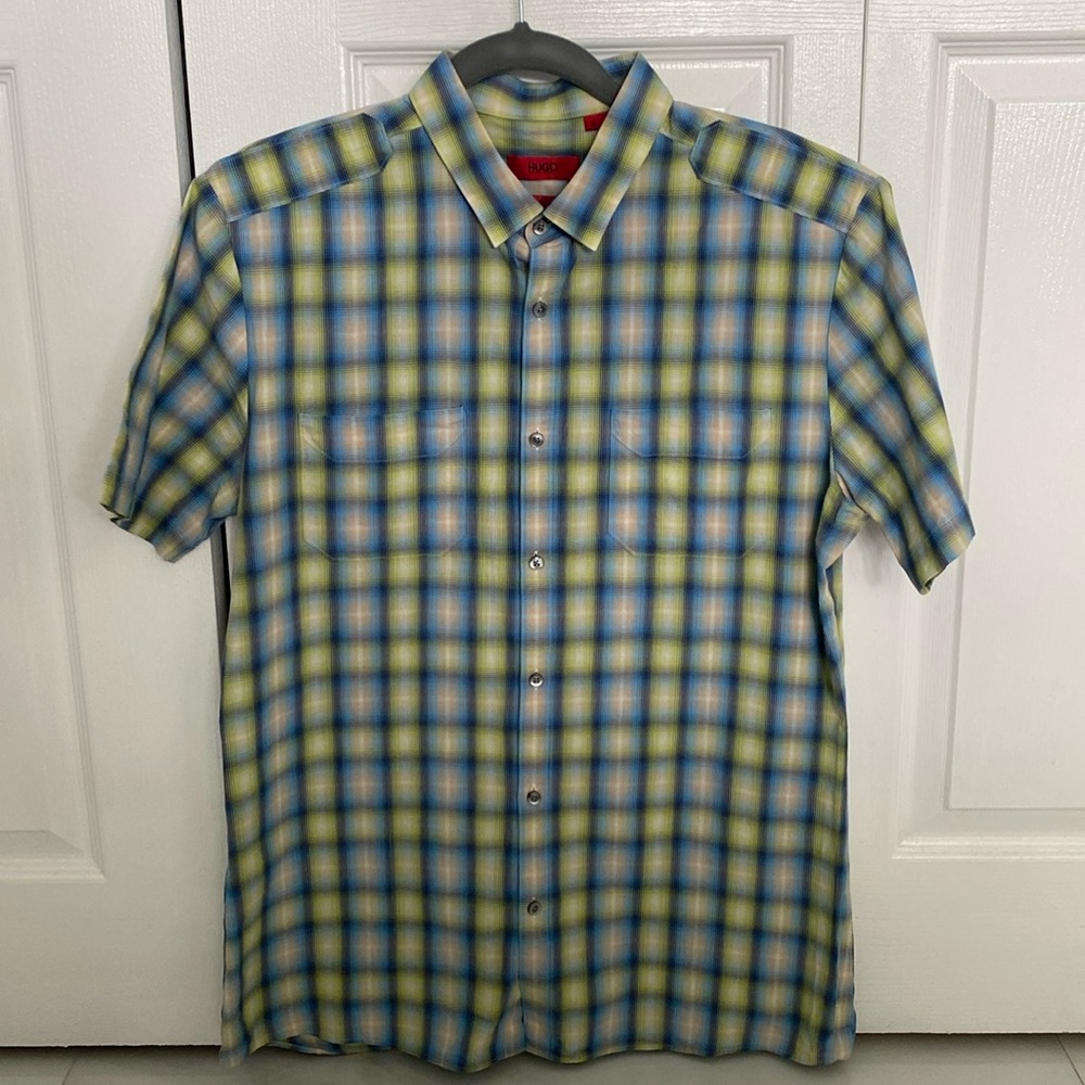 Multicolor (white, blue, green, orange) plaid shirt
